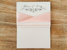 Invitation 1730: Silver Ore, Blush Pearl, Silver Ore, Deep Blush Ribbon - This is a silver ore pearl pocket folder design with a blush pearl trim on the flap.  There is a deep blush twisted ribbon.