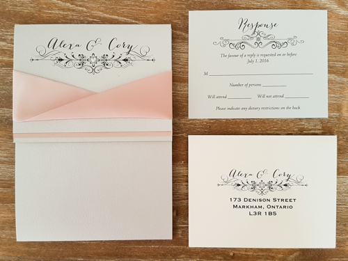 Invitation 1730: Silver Ore, Blush Pearl, Silver Ore, Deep Blush Ribbon - This is a silver ore pearl pocket folder design with a blush pearl trim on the flap.  There is a deep blush twisted ribbon.