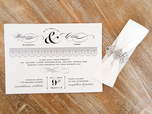 Invitation 1744: Antique Pearl, Antique Pearl, Antique Ribbon, Brooch/Buckle A22, Metal Filigree F2 - Silver - This is a single card antique pearl paper wedding invite with a ribbon and brooch design wrapped around.