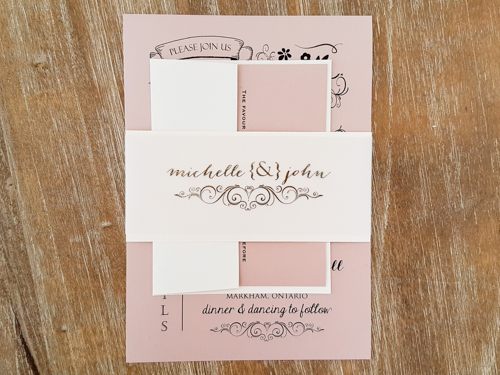 Invitation 1769: Blush Pearl, Blush Pearl - This is a single card wedding invitation design printed on the blush pearl paper.  There is a vellum belly band.