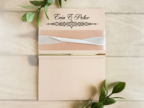 Invitation 1773: Blush Pearl, Gold Mirror, Blush Pearl, Deep Blush Ribbon, Silver Ribbon - This is a blush pearl pocket folder with a shorter cover flap that has a gold mirror trim and twisted ribbon detail.
