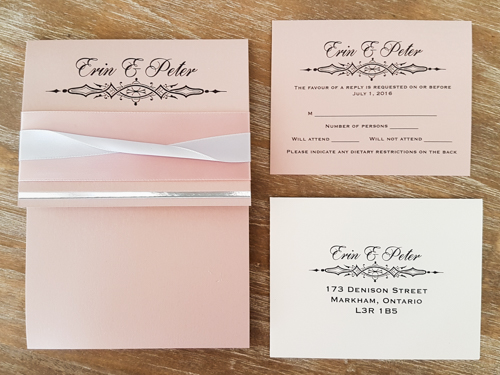 Invitation 1773: Blush Pearl, Gold Mirror, Blush Pearl, Deep Blush Ribbon, Silver Ribbon - This is a blush pearl pocket folder with a shorter cover flap that has a gold mirror trim and twisted ribbon detail.