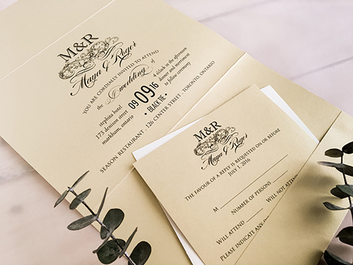 Invitation 1818: Gold Dust, Gold Dust, Deep Blush Ribbon, Brooch/Buckle A6 - This is a 3/4 cover flap pocket fold wedding invite on the gold dust paper.  There is a deep blush ribbon and brooch detail.