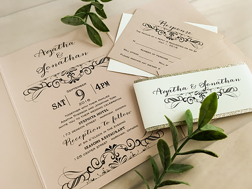 Invitation 1857: Blush Pearl, Blush Pearl - This is a blush pearl pocket folder wedding invite with a champagne glitter layered belly band.
