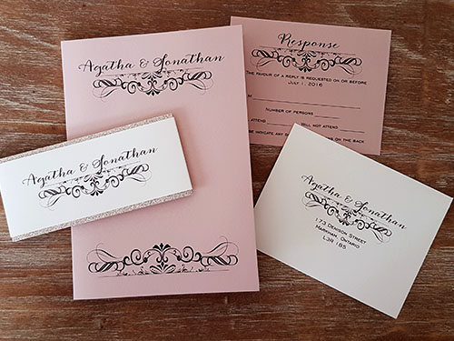 Invitation 1857: Blush Pearl, Blush Pearl - This is a blush pearl pocket folder wedding invite with a champagne glitter layered belly band.