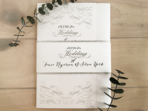 Invitation 1882: Ice Pearl, Ice Pearl - This is a 3/4 flap pocket fold wedding invite on the ice pearl paper with a silver glitter layered belly band.