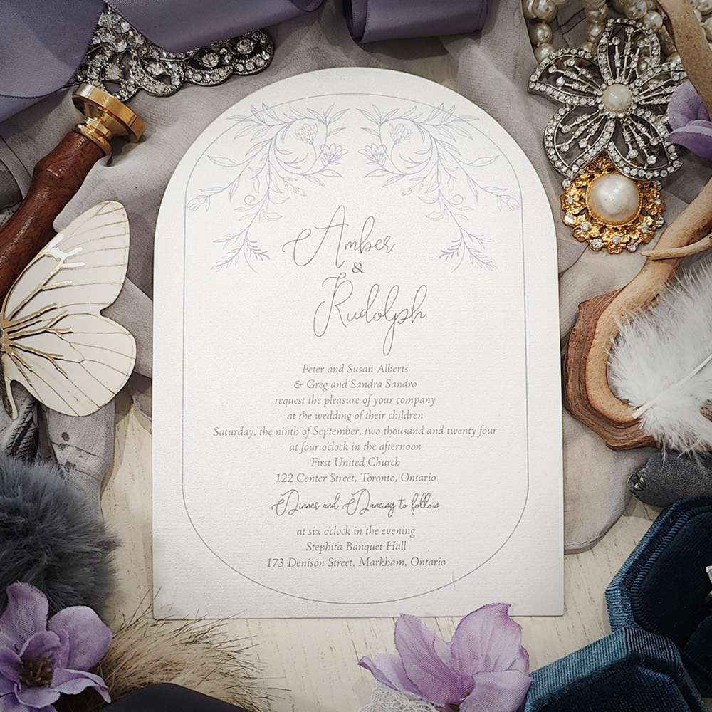 Invitation 2801: Ice Pearl - Arch cut wedding invitation with a floral design on ice pearl paper.