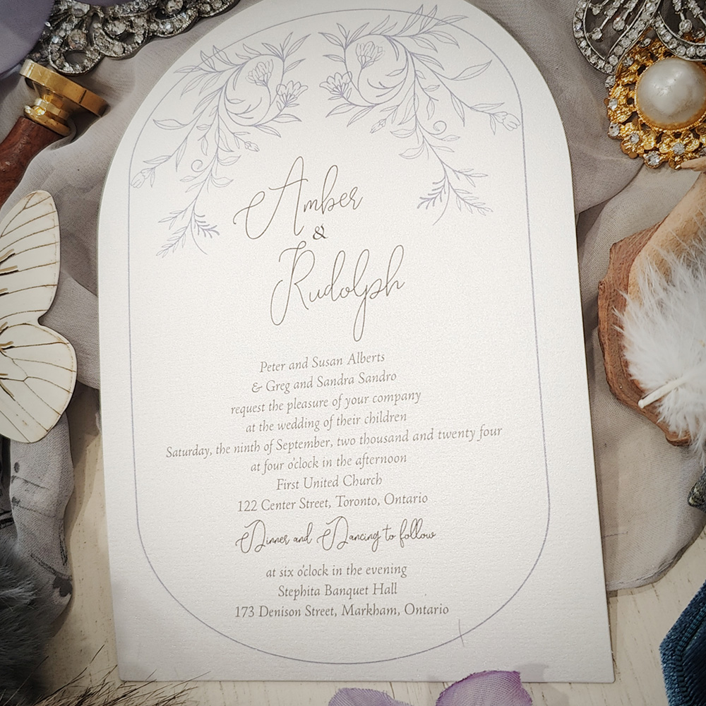 Invitation 2801: Ice Pearl - Arch cut wedding invitation with a floral design on ice pearl paper.