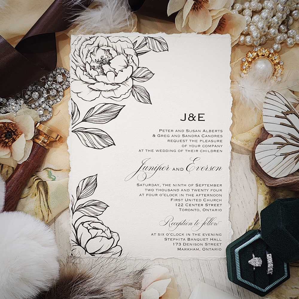 Invitation 2802: White Gold - This is a deckle edge wedding invitation on a White Gold Pearl paper with a floral print.