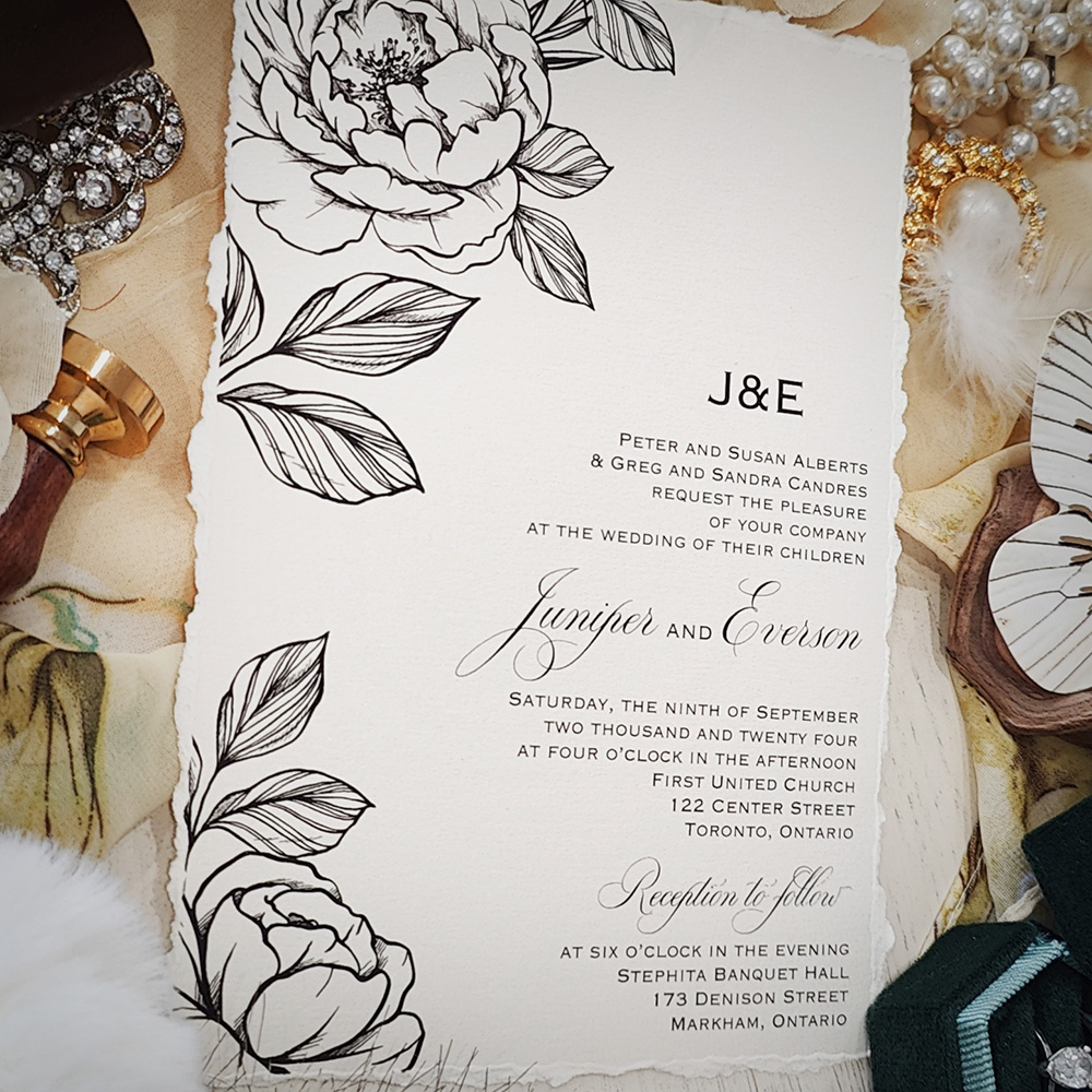 Invitation 2802: White Gold - This is a deckle edge wedding invitation on a White Gold Pearl paper with a floral print.