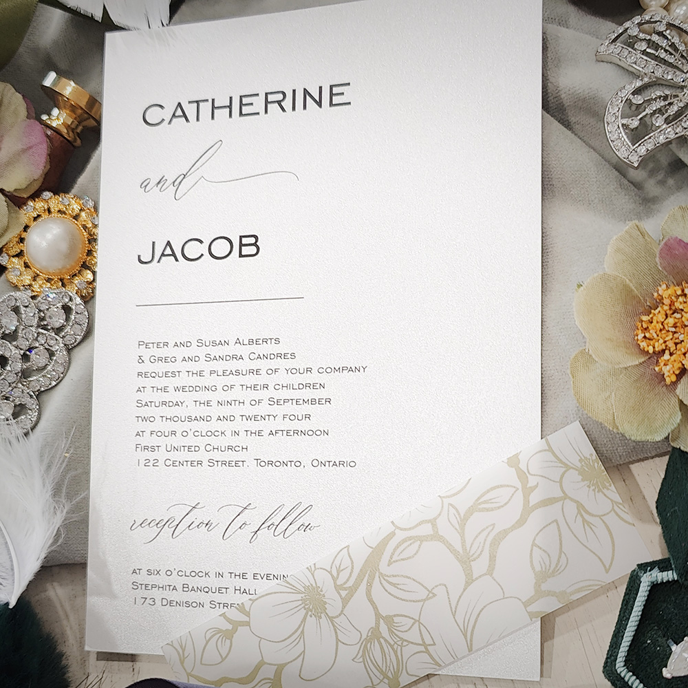 Invitation 2803: Ice Pearl - Single card design with a printed vellum band design.