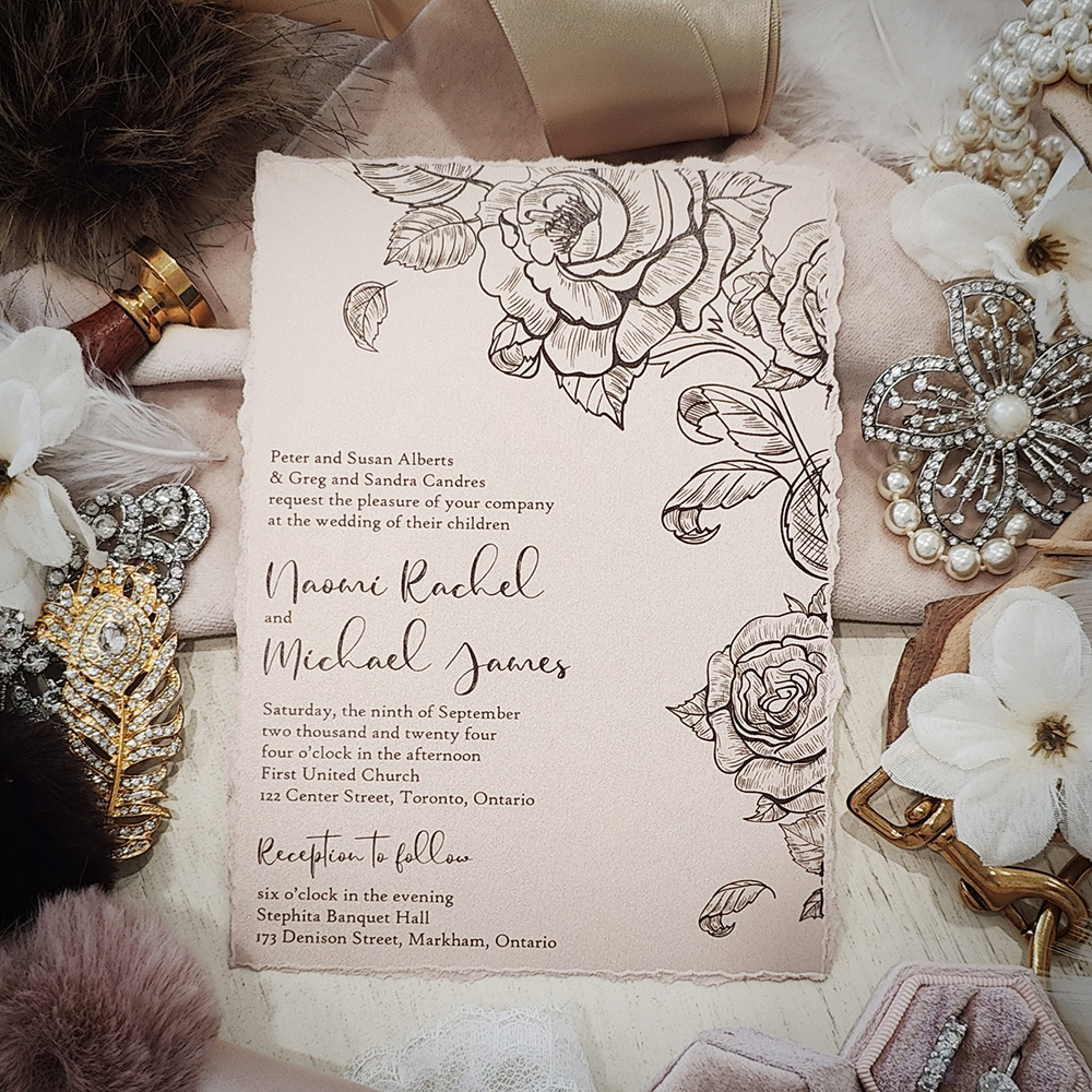 Invitation 2812: Blush Pearl - Deckle edge wedding invitation printed on a blush pearl paper with a floral pattern.
