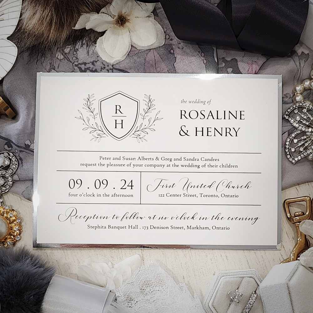 Invitation 2814: Antique Pearl, Silver Mirror - Layered wedding invite printed on an off white antique paper with a silver mirror backing.