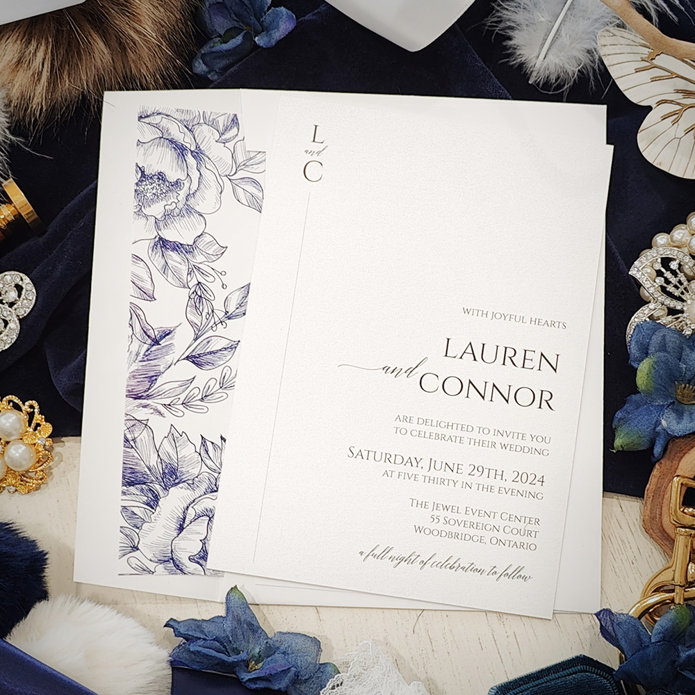 Invitation 2816: Matte White - This is a modern single card design with a blue floral pattern liner in the envelope.
