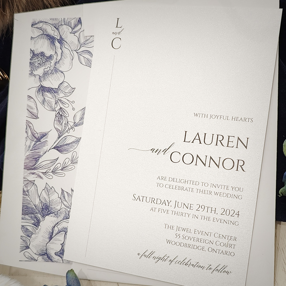 Invitation 2816: Matte White - This is a modern single card design with a blue floral pattern liner in the envelope.