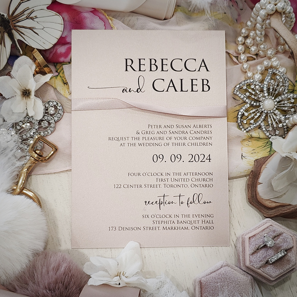 Invitation 2817: Blush Pearl, Blush Ribbon - Single card wedding invite with a thin blush ribbon around the card.