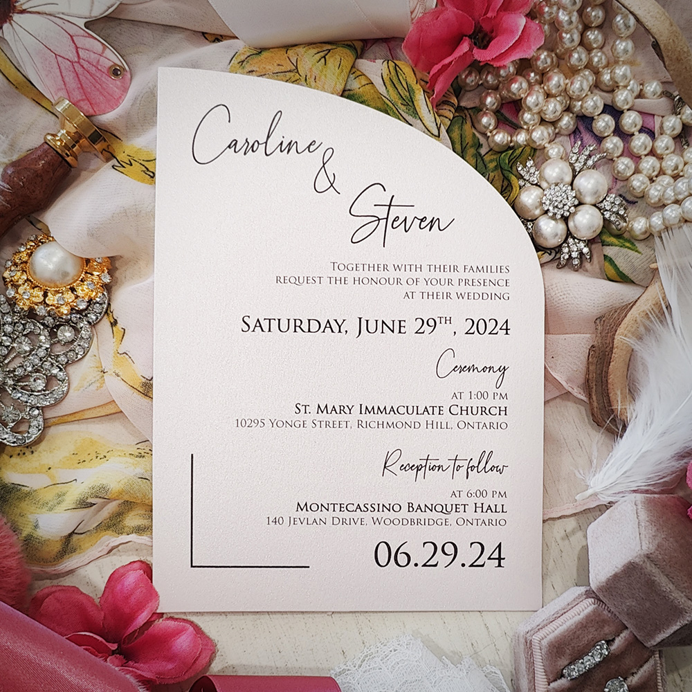 Invitation 2819: Ice Pearl - Semi arch shape cut wedding card printed on an ice pearl paper.