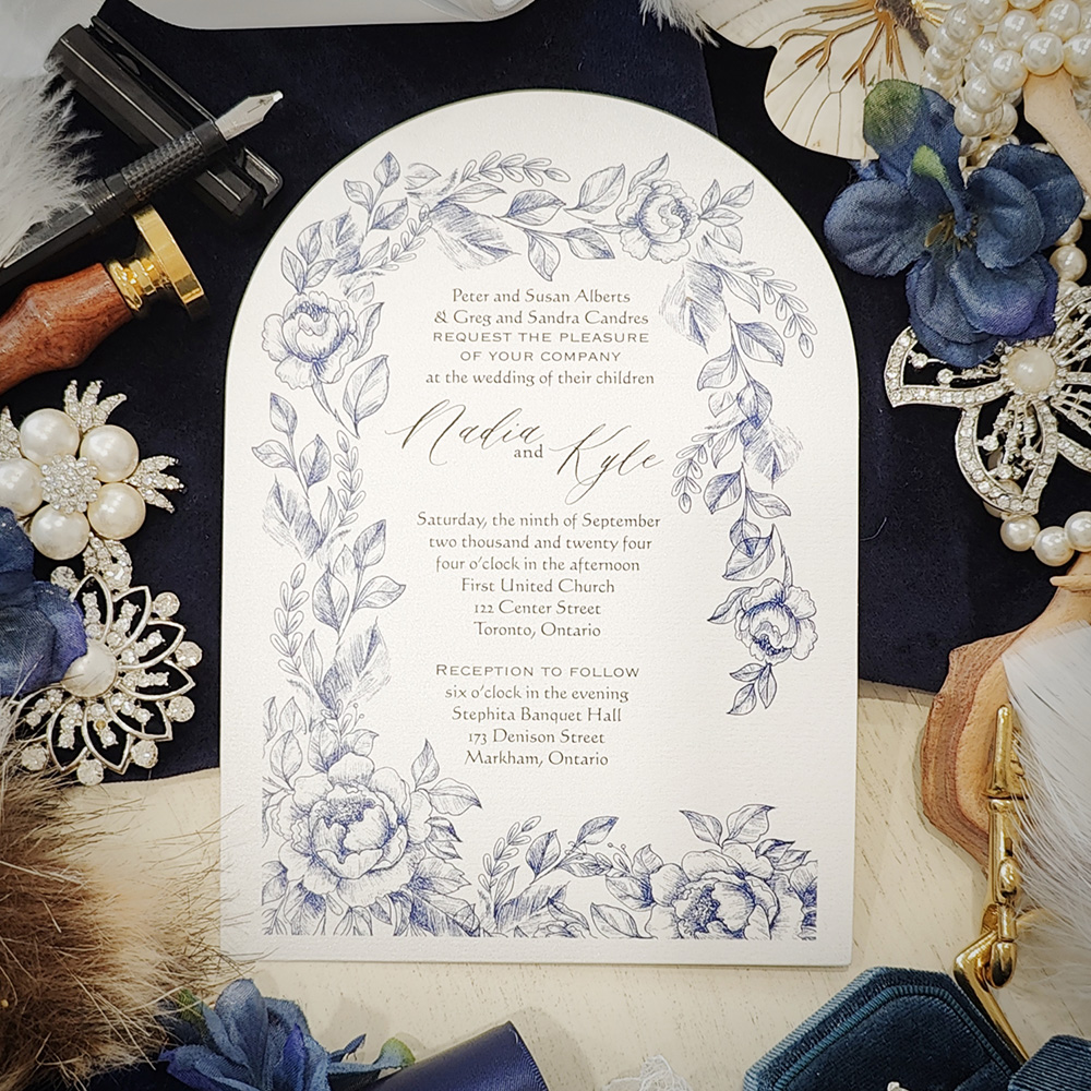 Invitation 2820: Ice Pearl - Arch shape cut wedding invite with a blue floral border pattern.