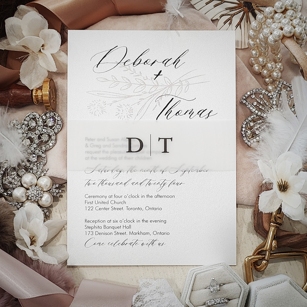 Invitation 2822: Ice Pearl - Single card wedding invitation on an ice pearl paper with a vellum belly band.