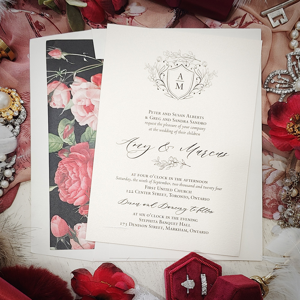 Invitation 2829: White Gold - Wedding card printed on an off white paper with a floral envelope liner.