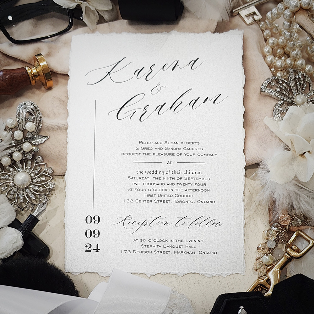 Invitation 2831: Ice Pearl - Deckle edge wedding invite with a modern layout on a white paper.