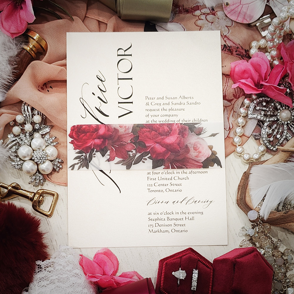 Invitation 2832: White Gold - Single card wedding invite on a white gold paper with a floral vellum belly band.