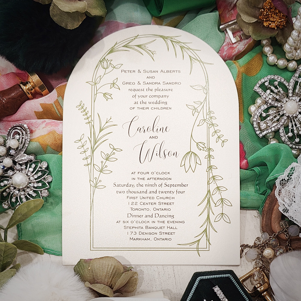 Invitation 2835: White Gold - Arch shape cut wedding card on an off white gold paper with a sage floral border.