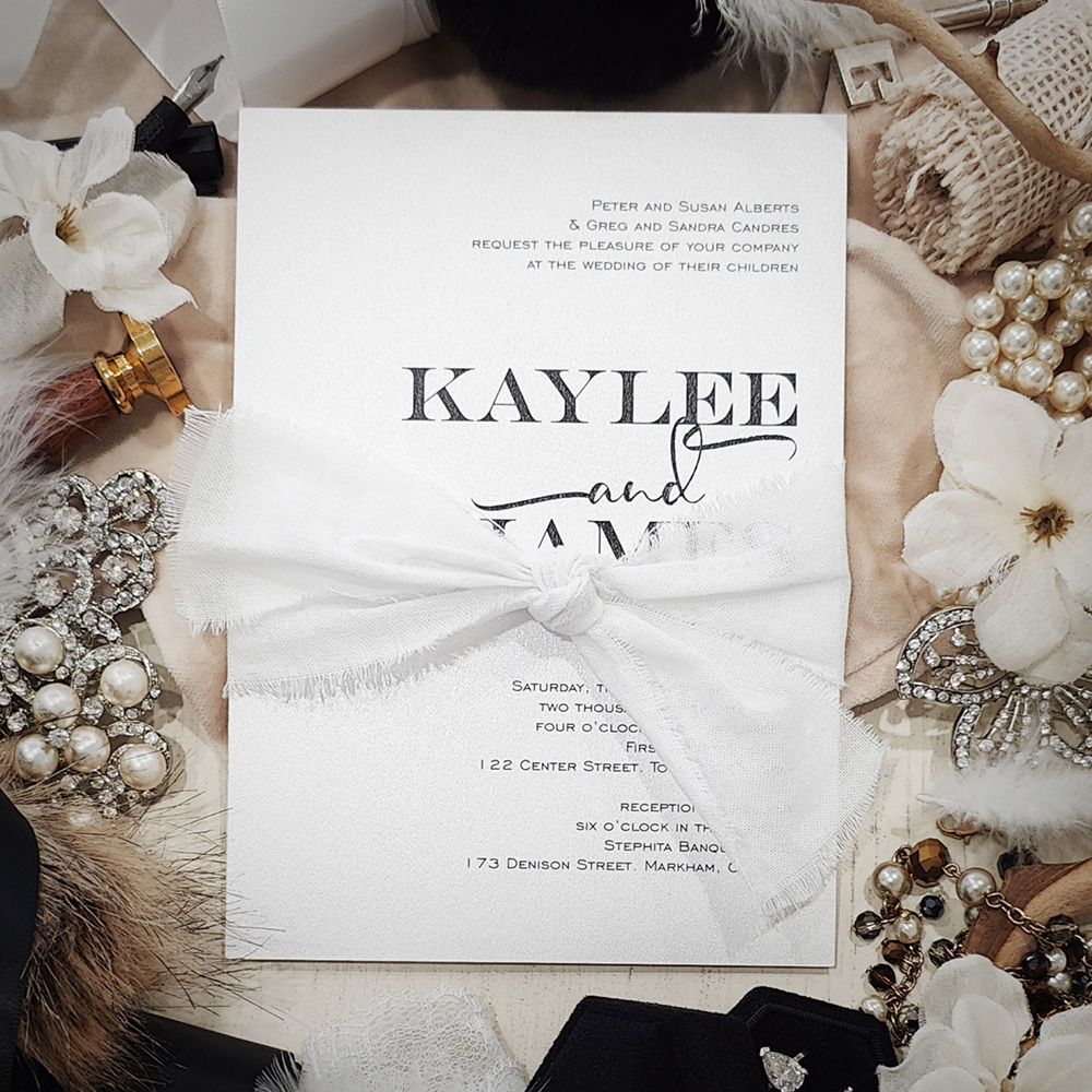 Invitation 2845: Ice Pearl - Single card wedding invite on a matte white with a torn white ribbon in a knot.