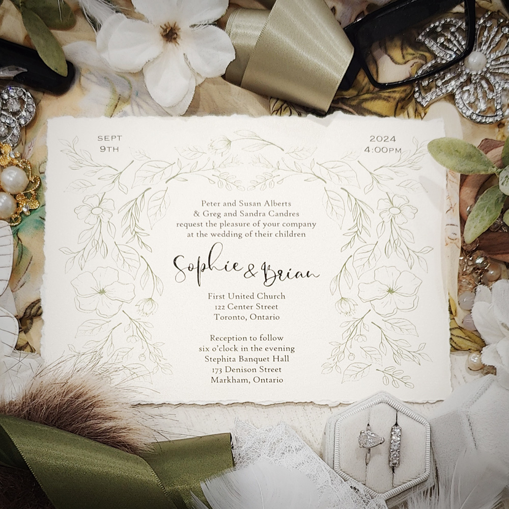 Invitation 2848: White Gold - Landscape design deckle edge wedding invite with a floral design.