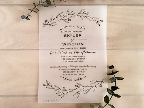 Invitation 2044: Vellum - This is a clean vellum printed wedding invite.  There is a delicate branch design printed on the top and bottom of the layout.