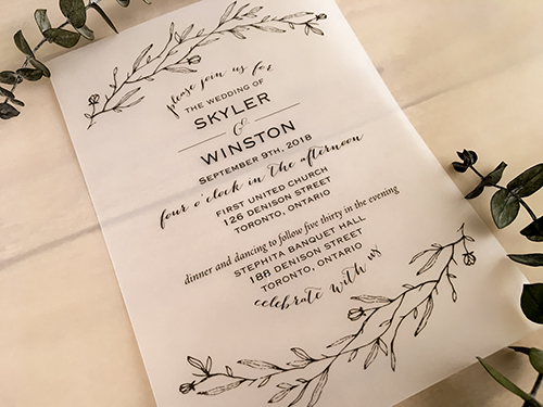 Invitation 2044: Vellum - This is a clean vellum printed wedding invite.  There is a delicate branch design printed on the top and bottom of the layout.