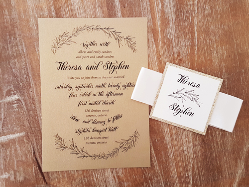 Invitation 2062: Gold Pearl, Gold Glitter, Antique Ribbon - This is a gold pearl printed single card invite.  There is a flat antique ribbon belly band and layered cover tag.