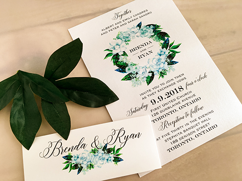Invitation 2071: Ice Pearl, White Smooth - This is a single card invite printed on the ice pearl paper.  There is a simple white smooth cardstock belly band.