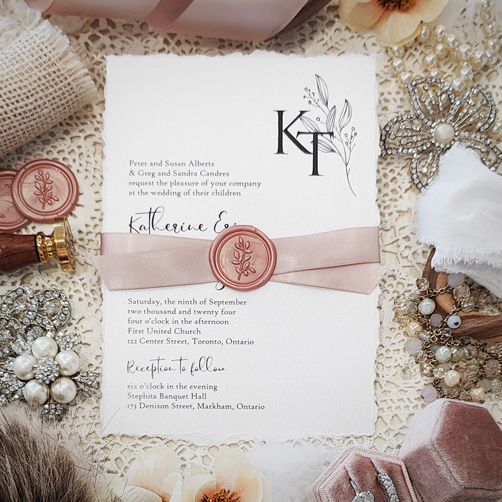 Invitation 3805: White Gold, Blush Wax, Blush Ribbon - Deckle edge wedding card on white gold paper with blush ribbon and blush wax seal.