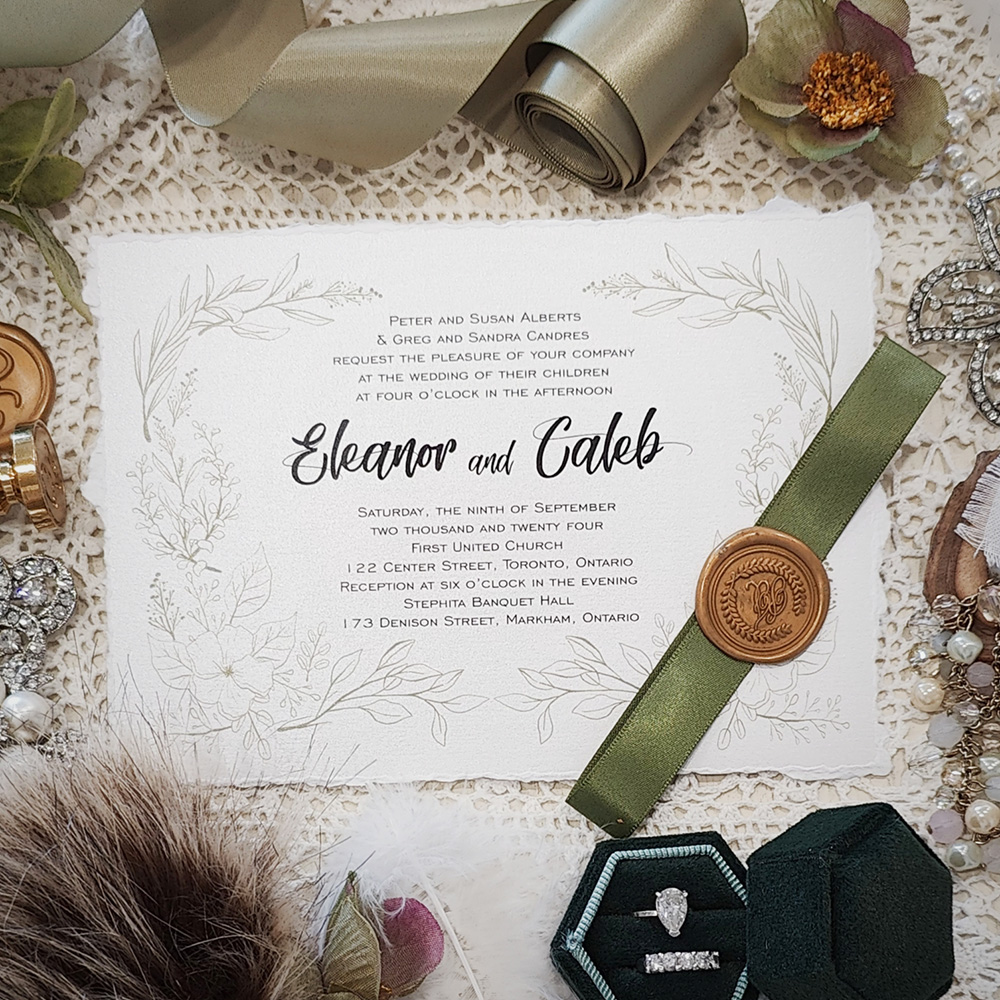Invitation 3807: Ice Pearl, Gold Wax, Sage Ribbon - Deckle edge wedding invite on ice white pearl paper with sage green ribbon and gold wax seal.