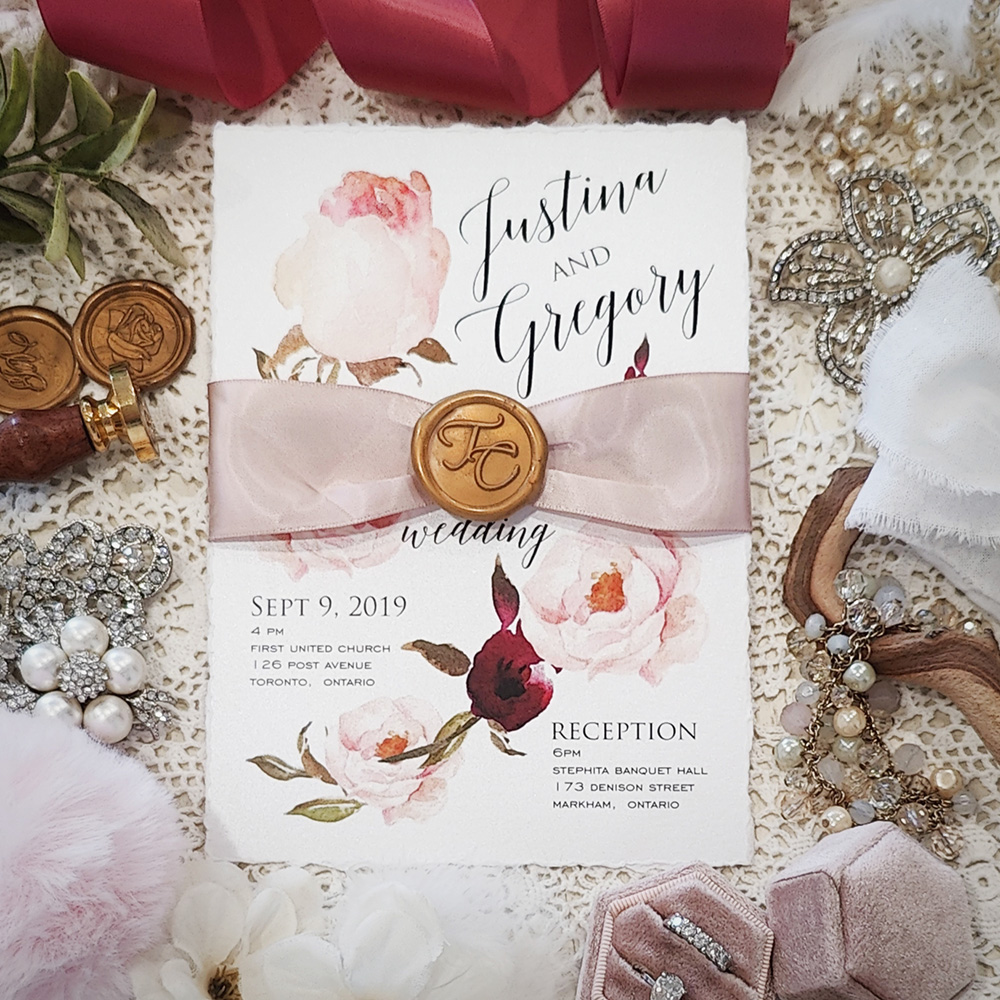 Invitation 3810: White Gold, Gold Wax, Deep Blush Ribbon - White gold deckle edge wedding invite with a blush ribbon and custom gold wax seal.