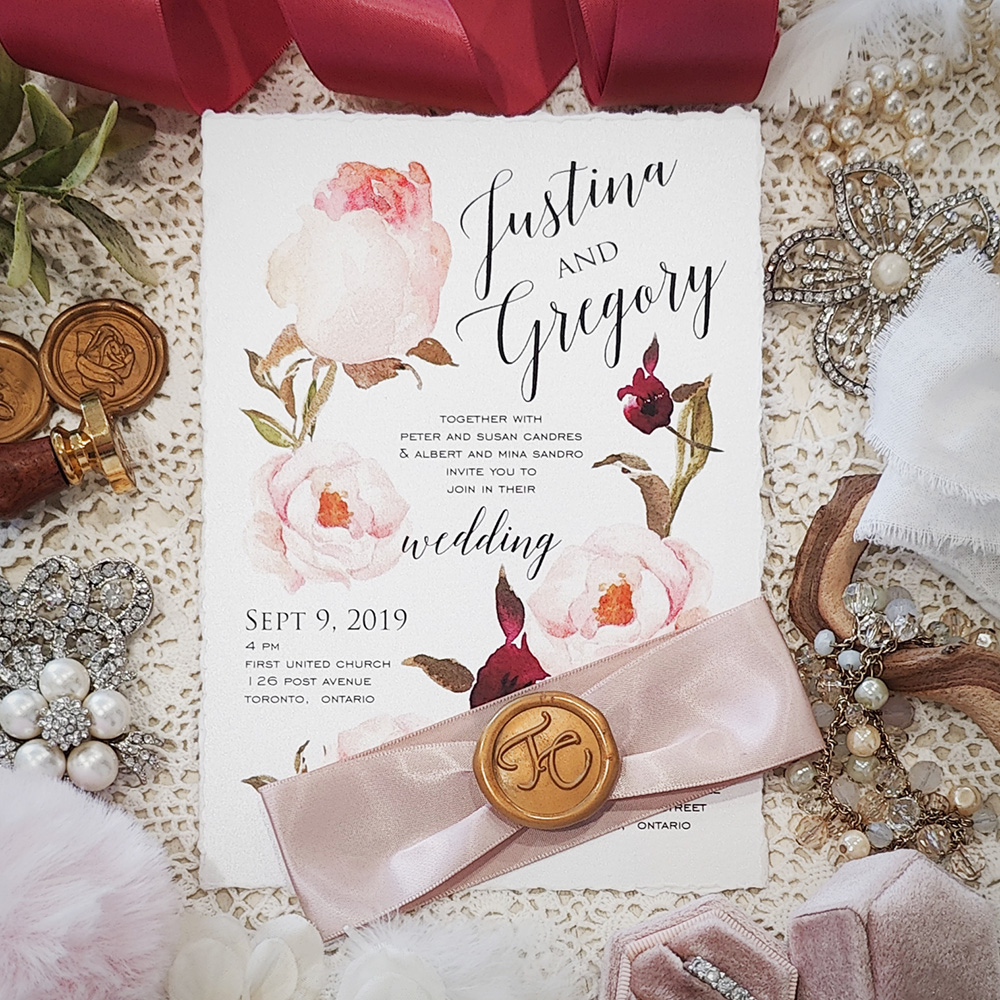 Invitation 3810: White Gold, Gold Wax, Deep Blush Ribbon - White gold deckle edge wedding invite with a blush ribbon and custom gold wax seal.