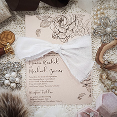 Invitation 3812: Blush Pearl, White Ribbon - Torn edge blush pearl paper with a torn white ribbon knot.