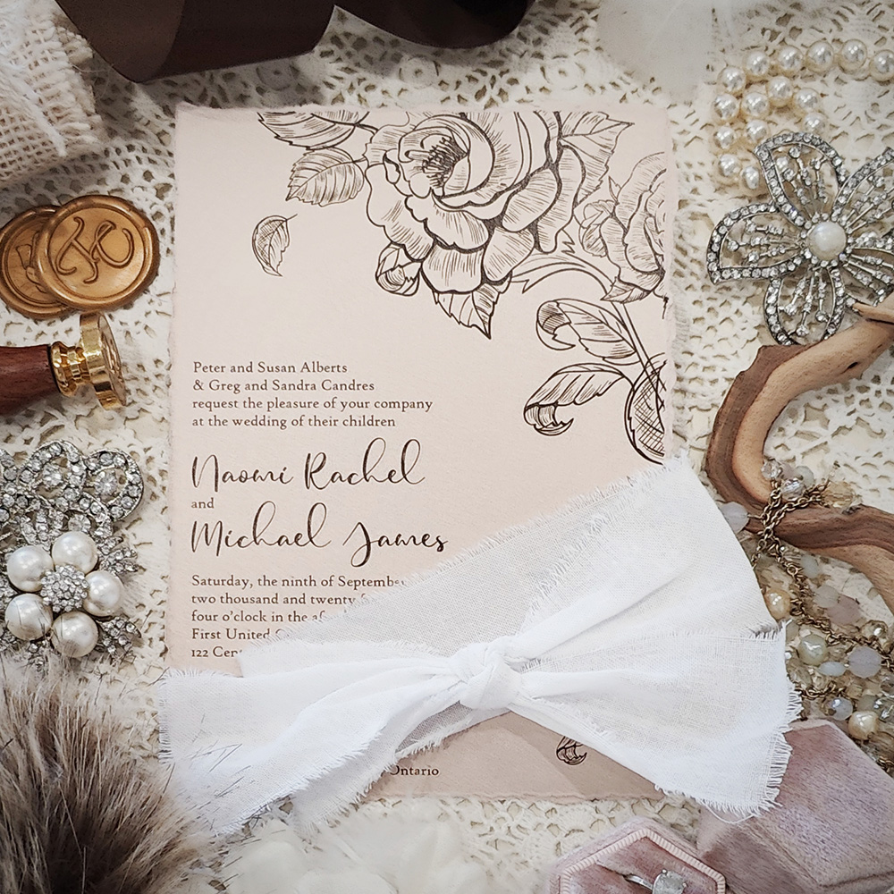 Invitation 3812: Blush Pearl, White Ribbon - Torn edge blush pearl paper with a torn white ribbon knot.