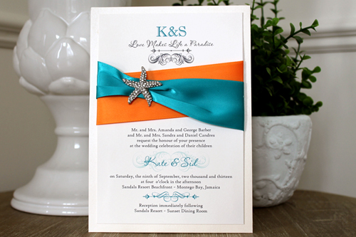 Invitation Destination10: Ivory Pearl, Cream Smooth, Orange Ribbon, Peacock Ribbon, Brooch/Buckle A10 - This is a layered invitation with a crisscross ribbon design and a rhinestone starfish brooch in the middle.