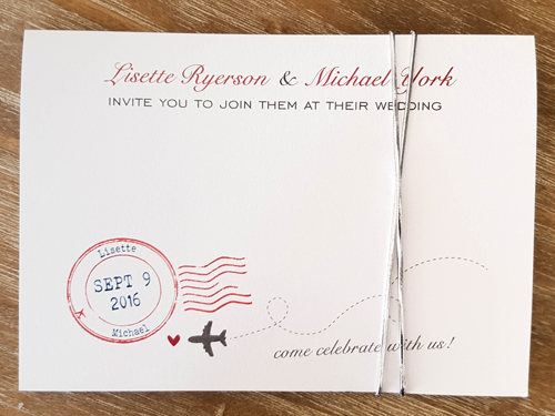 Invitation Destination11: This is a destination style wedding invitation with a postage mark theme design on the cover.  There is a silver elastic wrapped around the pocketfold design.