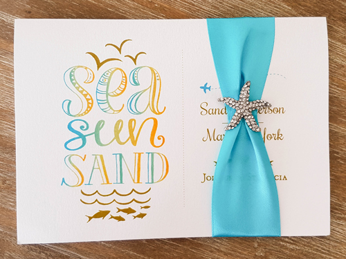 Invitation Destination13: Ice Pearl, Turquoise Ribbon, Brooch/Buckle A10 - This is a single card invite design printed on ice pearl with a turquoise ribbon in the middle with a starfish brooch design.