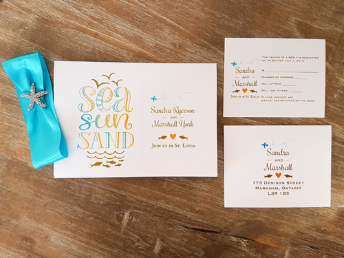 Invitation Destination13: Ice Pearl, Turquoise Ribbon, Brooch/Buckle A10 - This is a single card invite design printed on ice pearl with a turquoise ribbon in the middle with a starfish brooch design.