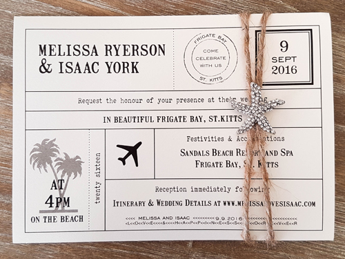 Invitation Destination18: White Gold, Brooch/Buckle A10 - This is a single card travel invite style.  There is a rustic twine wrapped around with a starfish brooch.