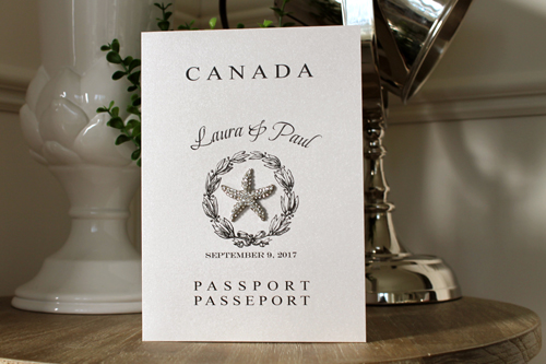 Invitation Destination2: Silver Ore, Brooch/Buckle A10 - This is a passport bi fold invitation with a starfish brooch design on the cover flap.  Great for destination weddings.