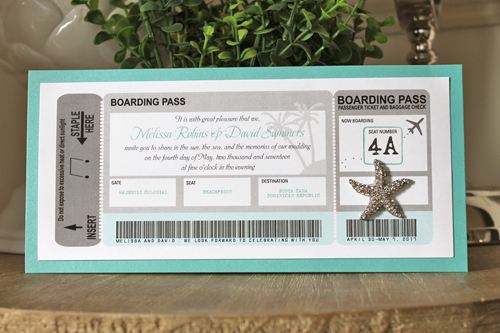 Invitation Destination3: Tiffany Pearl, White Smooth, Brooch/Buckle A10 - This is a boarding pass themed destination wedding invite.  There is a tiffany pearl backing along with a starfish brooch.