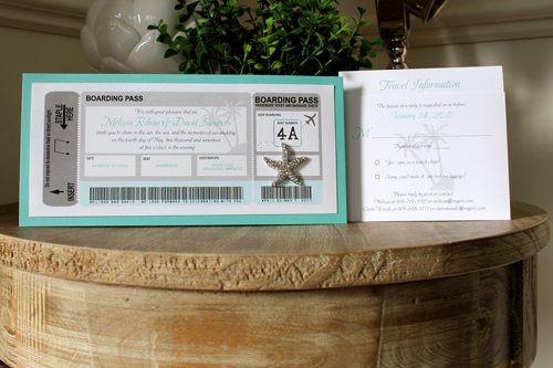 Invitation Destination3: Tiffany Pearl, White Smooth, Brooch/Buckle A10 - This is a boarding pass themed destination wedding invite.  There is a tiffany pearl backing along with a starfish brooch.