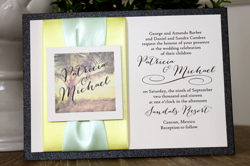 Invitation Destination6: Black Pearl, Cream Smooth, Canary Ribbon, Canary Ribbon, Icy Mint Ribbon - This is a layered invite with a black backing.  There are 3 ribbon stripes and a cover tag on the left.