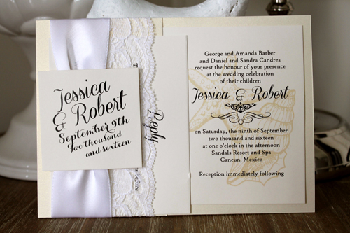 Invitation Destination8: White Gold, Cream Smooth, White Ribbon, White Lace - This is a folded over white gold invite design with a ribbon and lace detailing on the left side.  There is also a cover tag.