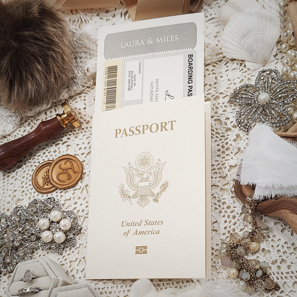 Invitation 8200: White Gold, Cream Smooth - passport and boarding pass together